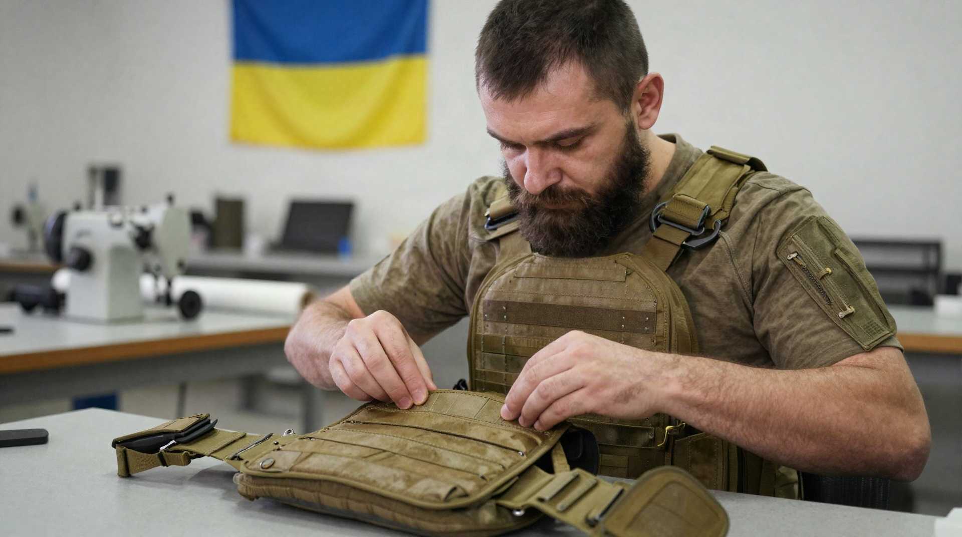 Чоловік у робочому одязі уважно оглядає тактичний жилет на робочому столі у швейному цеху.