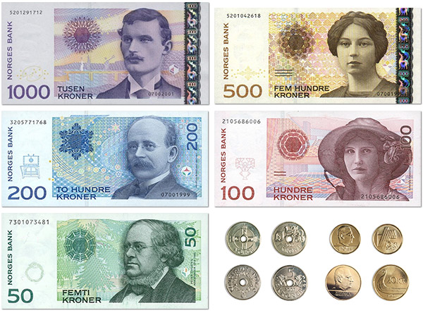 В обігу знаходяться банкноти випускаються номіналом 50, 100, 200, 500 і 1000 крон, монети вартістю 1, 5, 10 і 20 крон, 50 ері