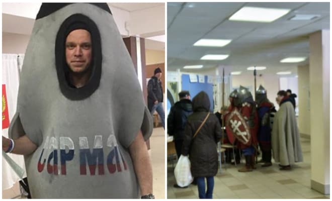 У Рязані один з виборців також повеселив присутніх, вбравшись в костюм дракончика