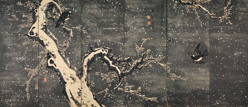 Кацу Дзягёку, «Ширма з зайцями, сливою і вороном під час снігопаду» (ліва частина)
