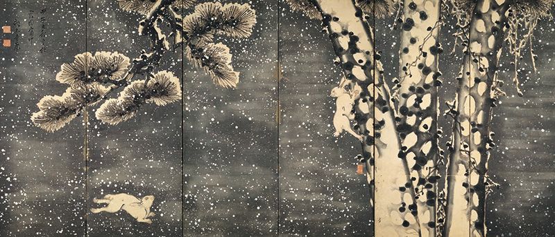 Кацу Дзягёку, «Ширма з зайцями, сливою і вороном під час снігопаду» (права частина)