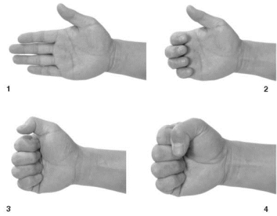 Зігніть великий палець і розташуйте його поперек долоні, розмістивши на тильній поверхні середніх фаланг вказівного і середнього пальців